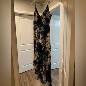 Lulus Tropical Print Midi-length Dress - Navy size Medium